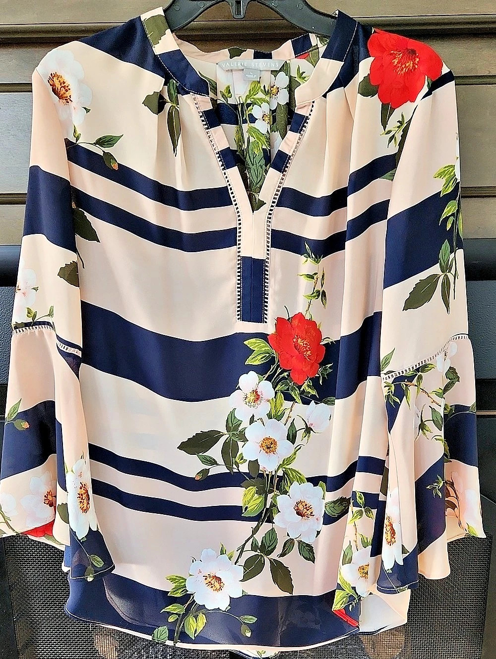 Valerie Stevens Blush & Navy Floral Striped Bell Sleeve Blouse